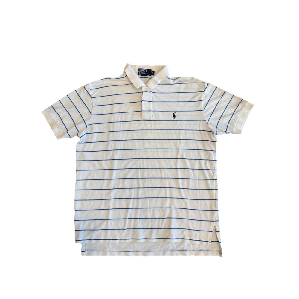 Polo Ralph Lauren Men’s L White Blue Striped Polo Shirt Classic Fit Short Sleeve